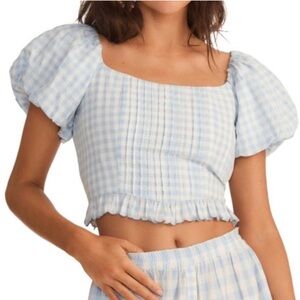 LoveShackFancy Breanna Blue and White Gingham puff sleeves crop top